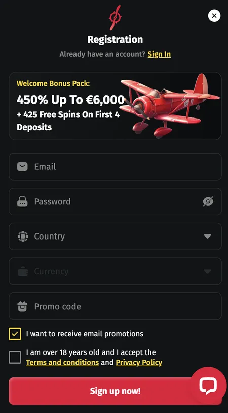 Jettbet registration form with email, password, country and currency fields